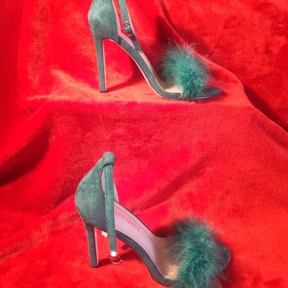 Crystal Queen Kelly Green Suede Open Toe Feather Ankle Strap Heels Size 40 - Picture 4 of 9